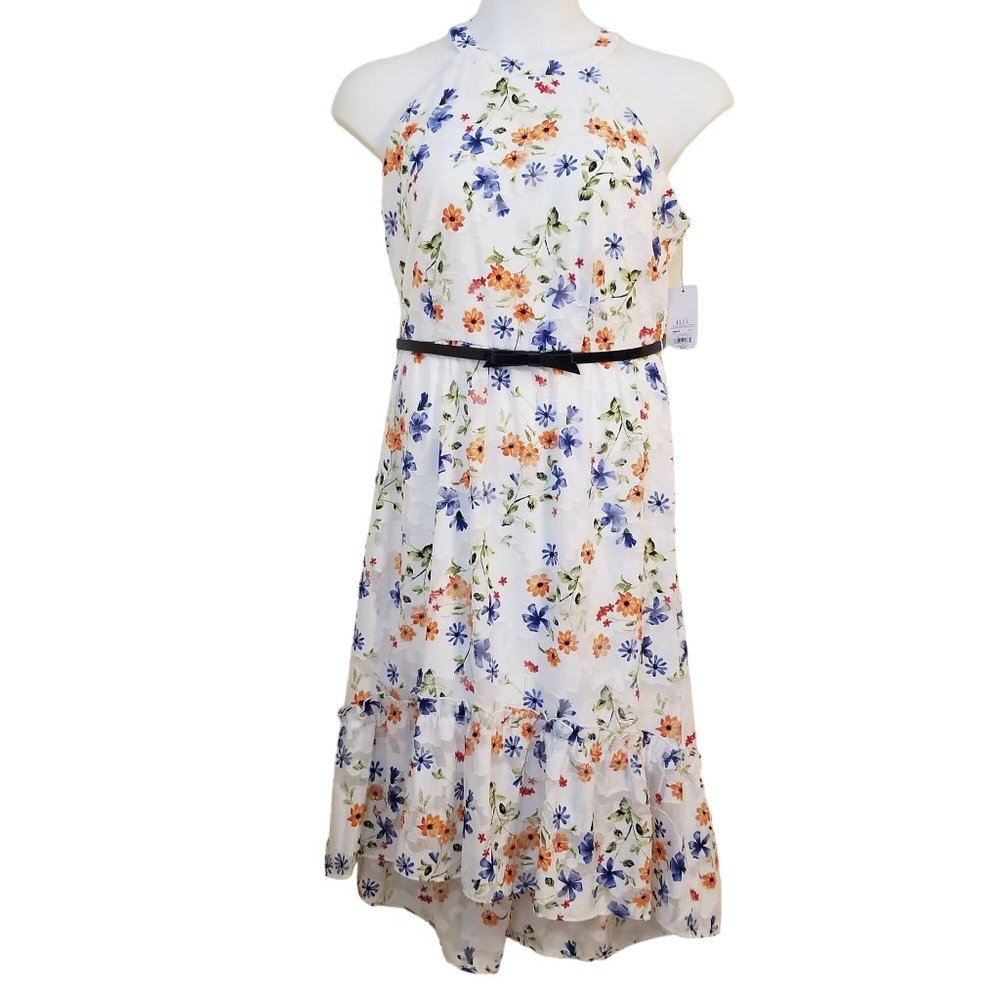 ELLE L Sleeveless Floral Ruffle Halter Belted Dress BLOOMING BEAUTY Hi Low